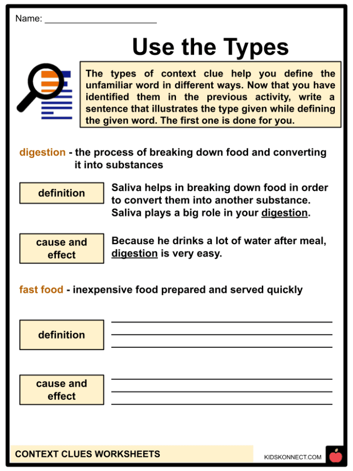 Worksheet for third graders on using context clues to discover word meanings