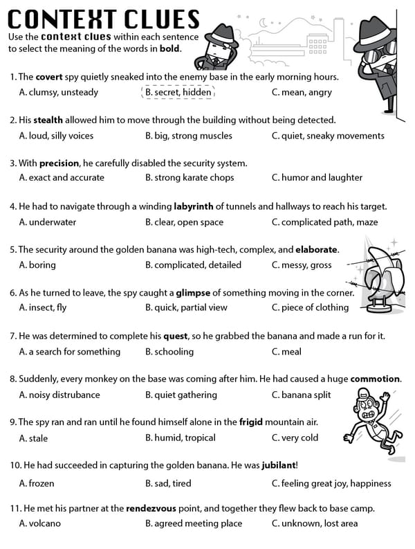 Third grade vocabulary worksheet focused on identifying definitions through context clues
