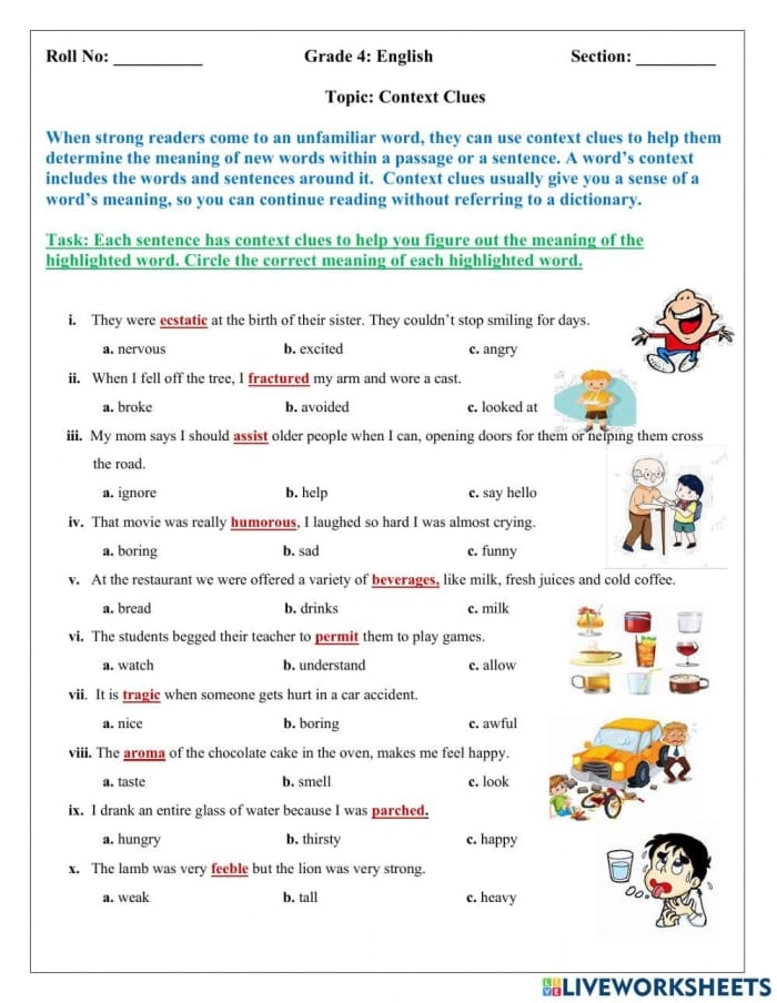 Worksheet for third graders on using context clues to find word meanings