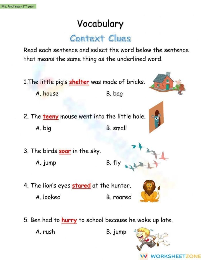 Third grade vocabulary worksheet focused on identifying word meanings using context clues