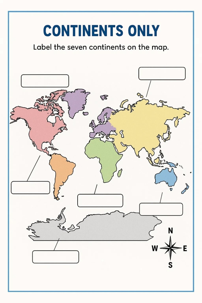 Third grade student completing a word scramble worksheet about the seven continents