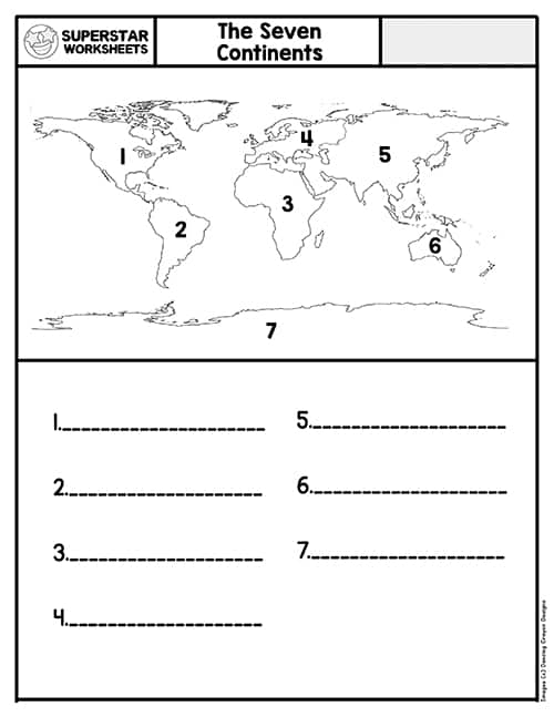 Third grade student worksheet featuring a continents word scramble activity