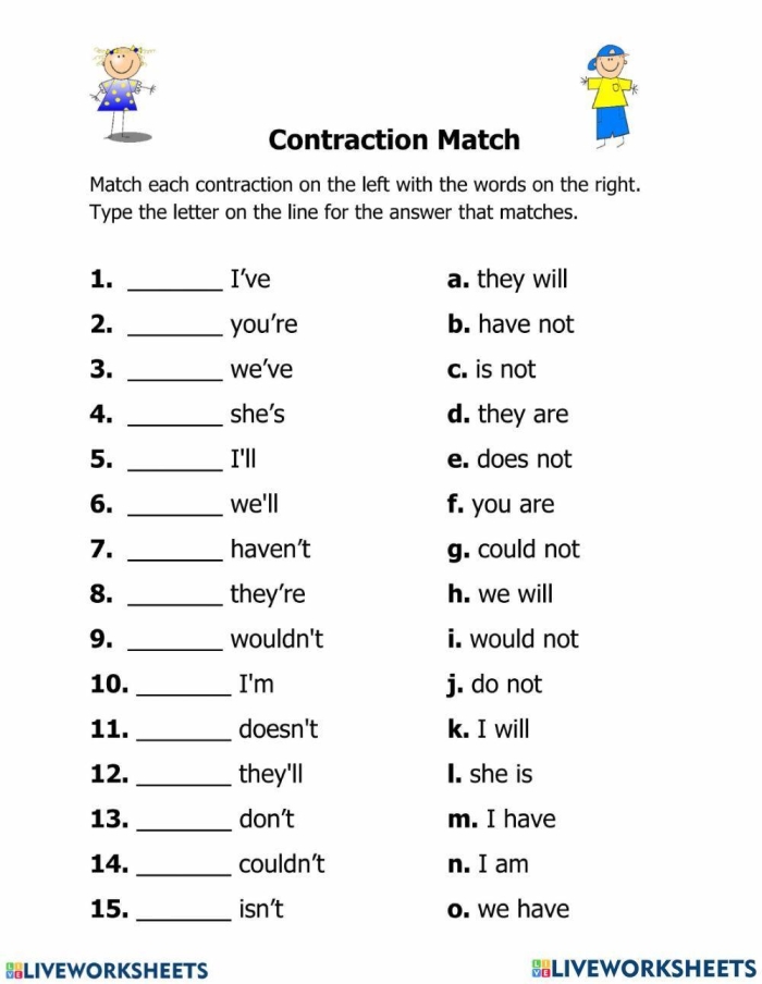 Worksheet featuring contractions in a construction zone for third graders