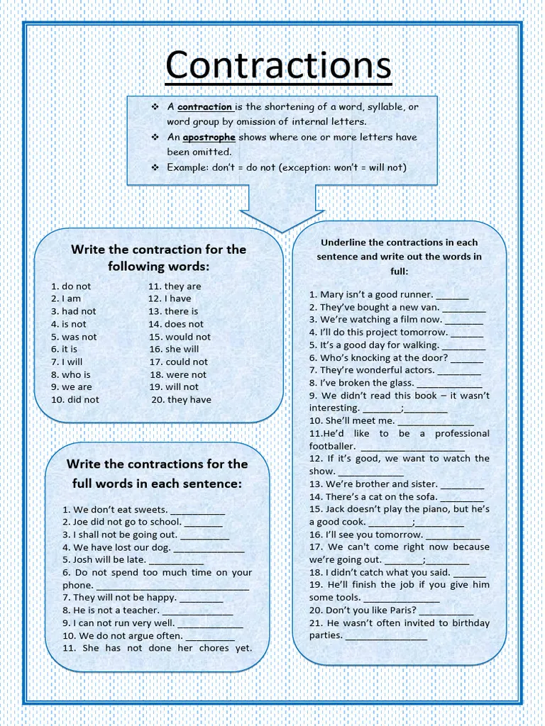 Worksheet featuring contractions in a construction setting for third graders