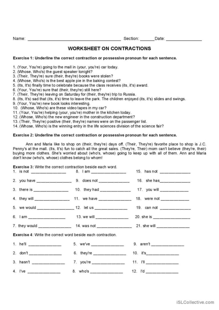 Worksheet showing contractions in a construction zone for third graders