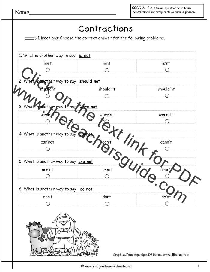 Contractions in Construction worksheet for third graders featuring two-word phrases to replace