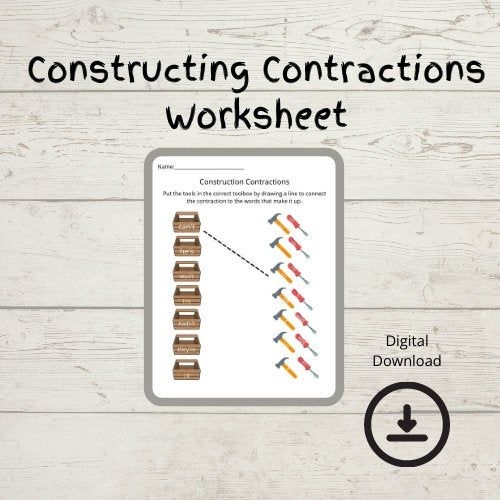 Worksheet displaying contractions in a construction zone for third graders