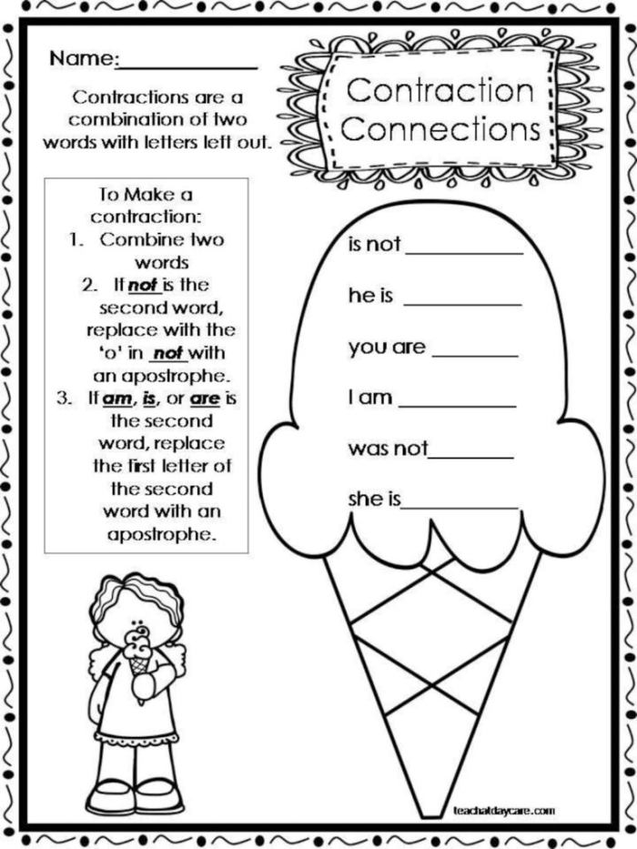 Worksheet illustrating contractions in a construction zone for third graders