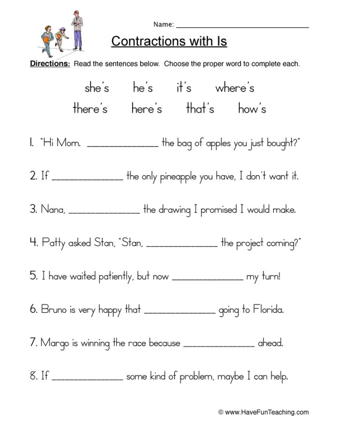 Worksheet illustrating contractions in a construction zone for third graders