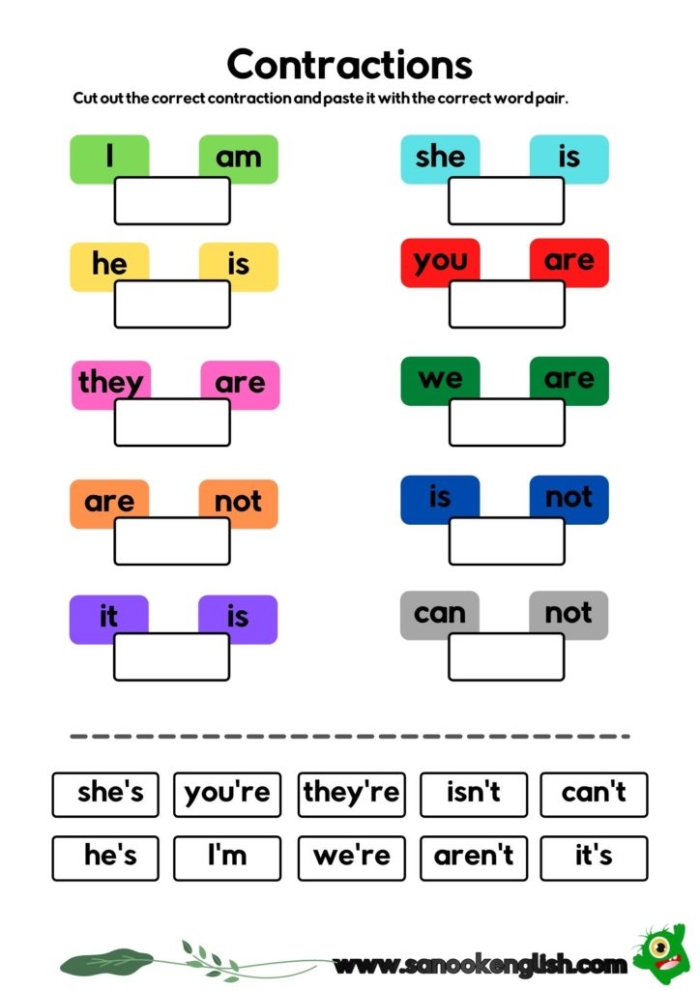 Worksheet featuring contractions in a construction zone for third graders