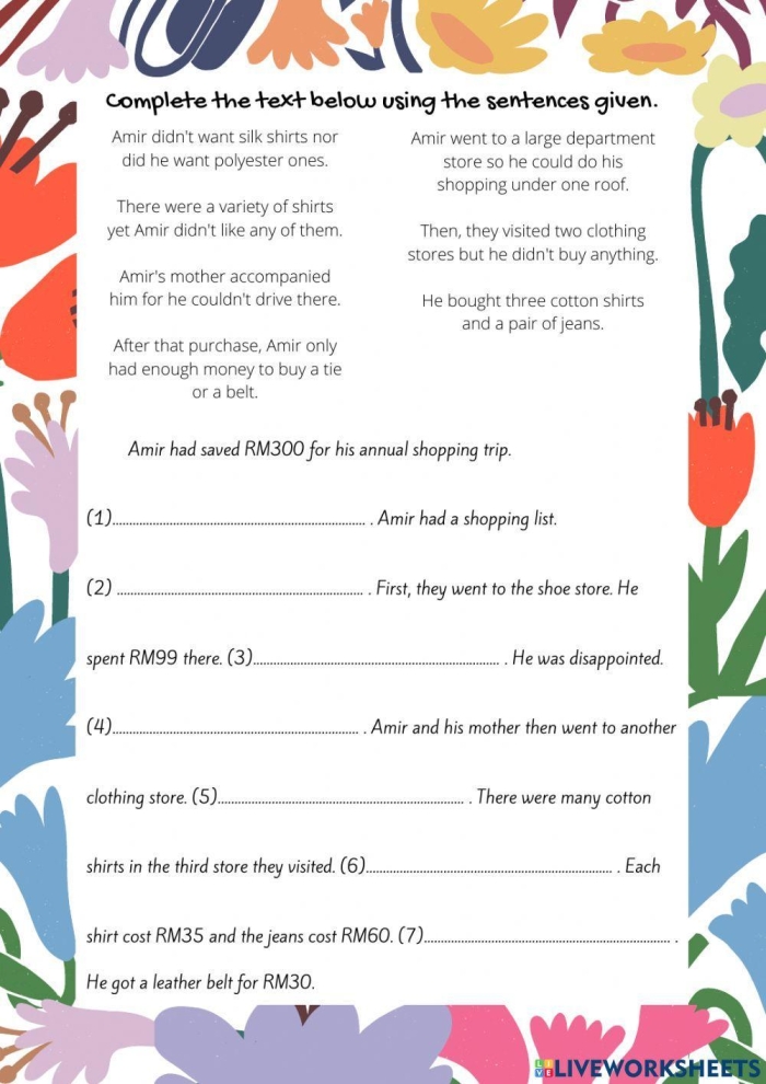Worksheet for practicing sentence expansion using coordinating conjunctions