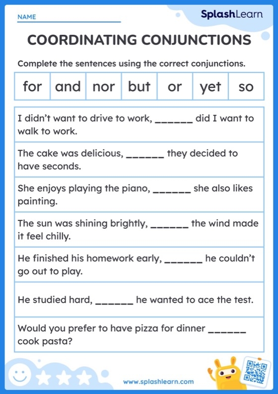 Third grade grammar worksheet showing students how to use coordinating conjunctions like and, but, or in sentences about food and eating
