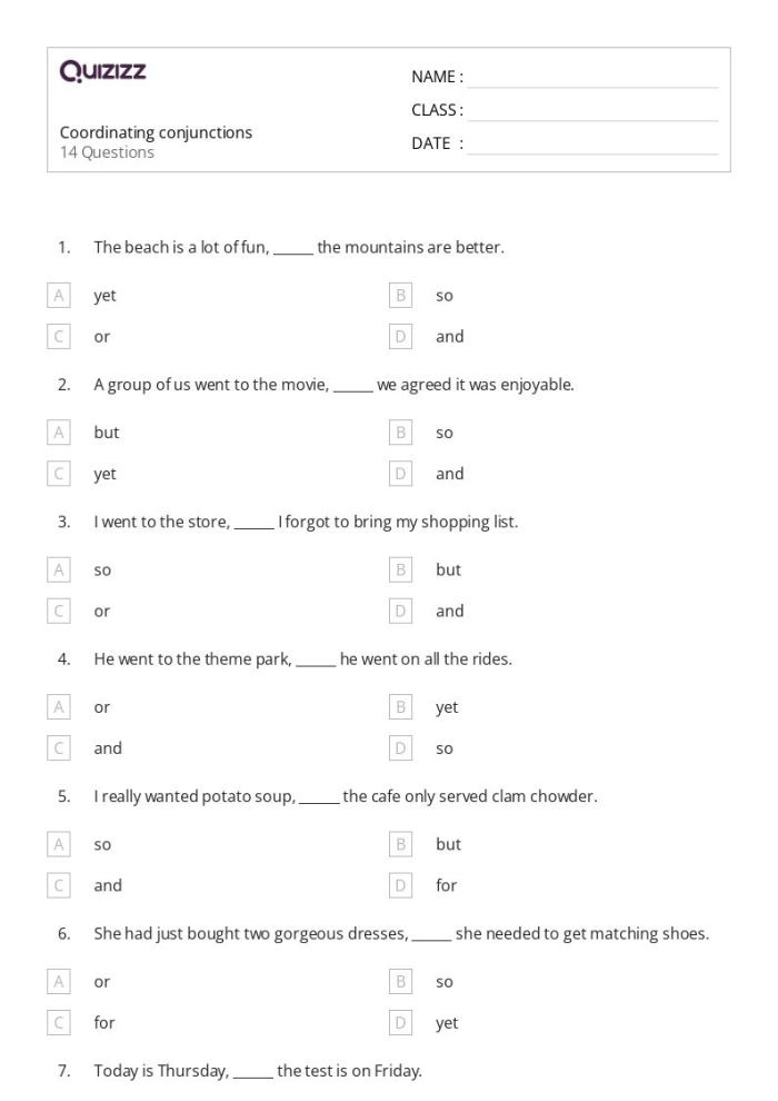 Third grade grammar worksheet featuring food themed sentences and coordinating conjunctions