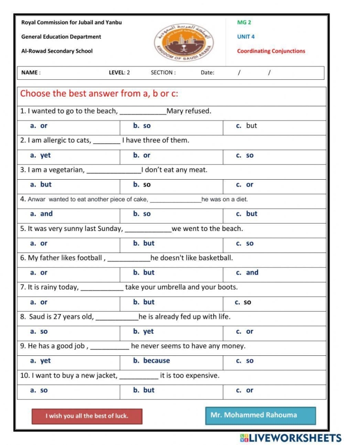 Third grade grammar worksheet showing coordinating conjunctions practice exercises with food-themed sentences and illustrations