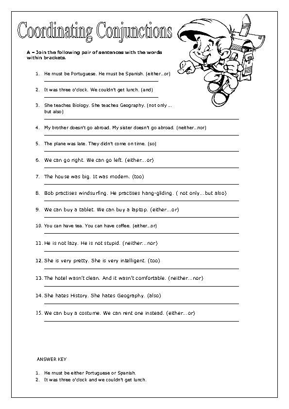 Third grade grammar worksheet showing sentences with food items and coordinating conjunctions like and, but, or, and yet for students to practice