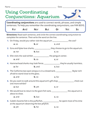 Third grade grammar worksheet focused on connecting food sentences with coordinating conjunctions