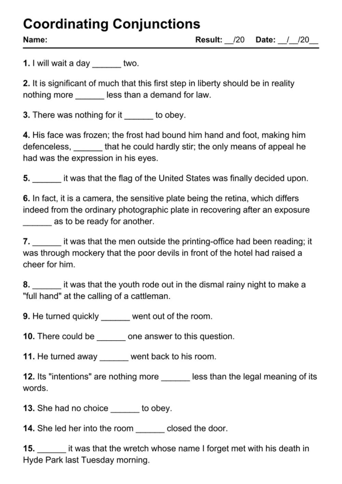 Worksheet for expanding sentences using coordinating conjunctions for third graders