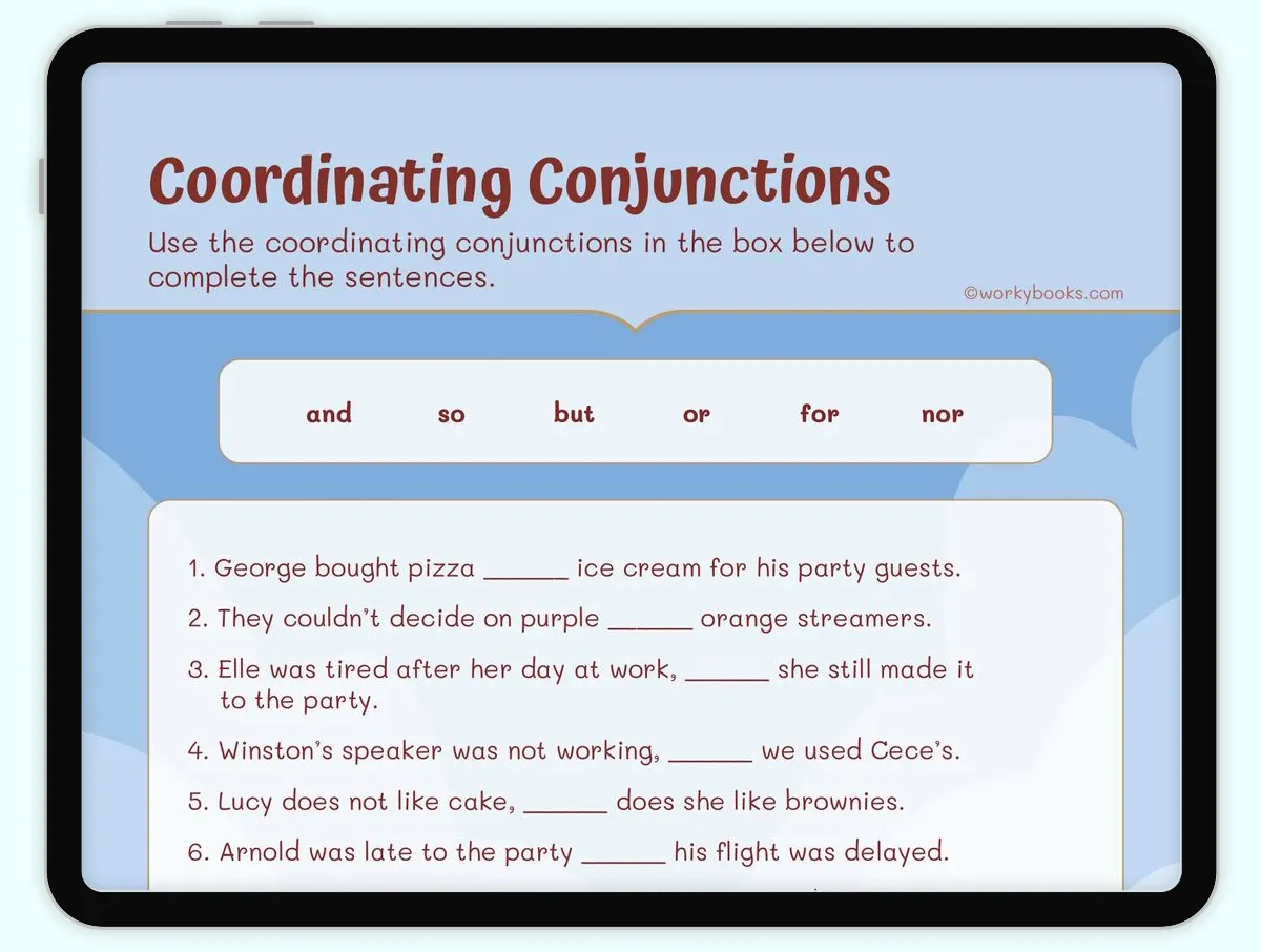 Worksheet for expanding sentences using coordinating conjunctions for third graders