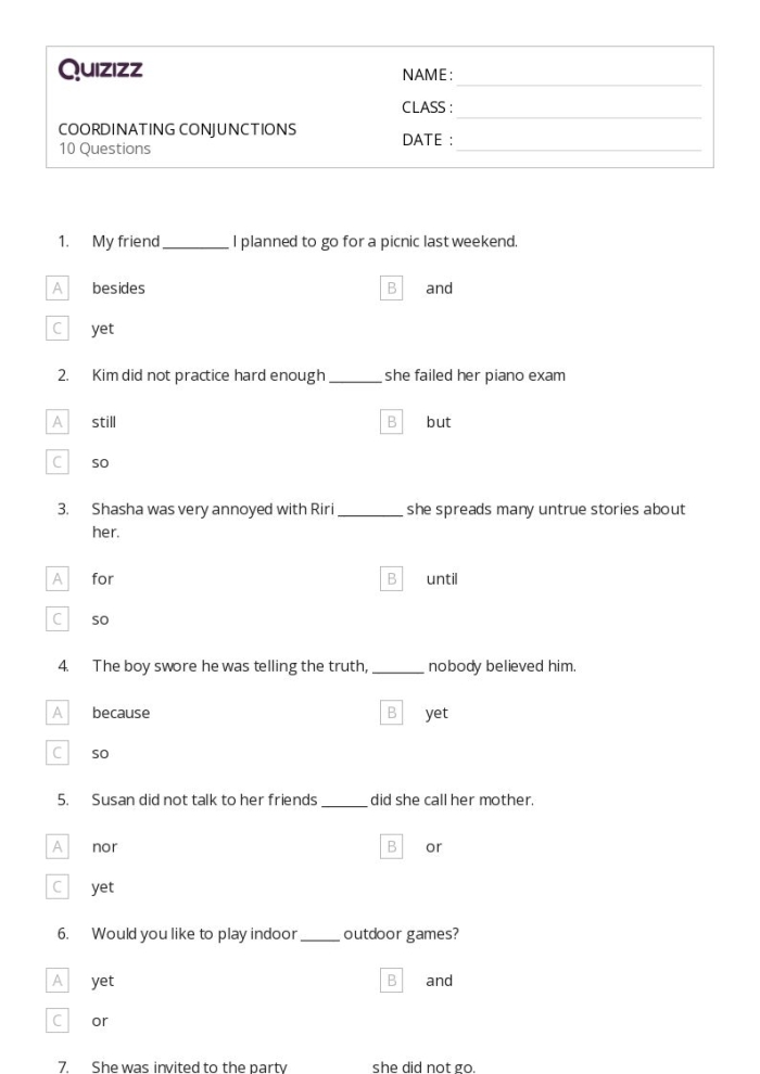 Worksheet featuring students expanding sentences using coordinating conjunctions