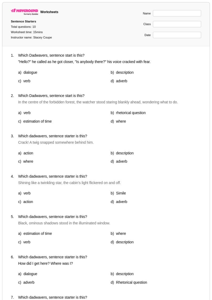 Engaging sentence prompts to inspire storytelling in young learners Colorful worksheet featuring creative sentence starters for third graders