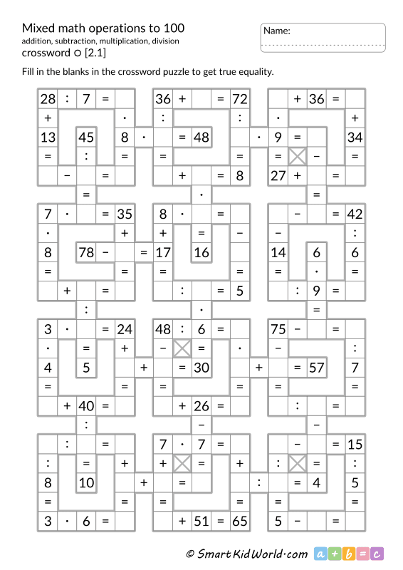 Third grade math crossword worksheet focused on mixed operations practice