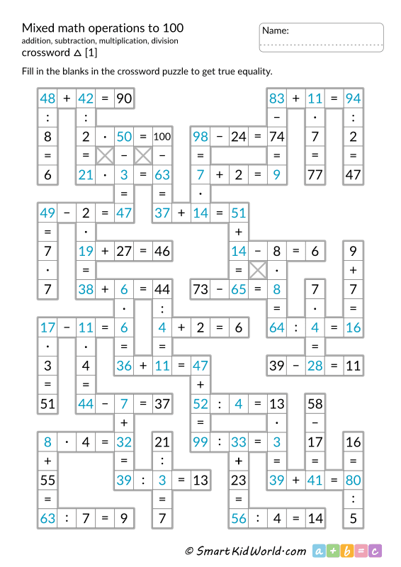 Third grade math student solving a mixed operations crossword puzzle worksheet