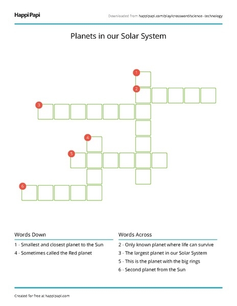 Third grade space science worksheet featuring a planet identification crossword puzzle