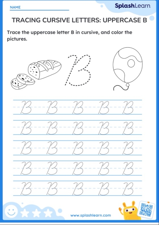 Practice tracing and writing cursive B with this engaging worksheet for young learners Cursive B worksheet designed for third graders to improve their penmanship skills