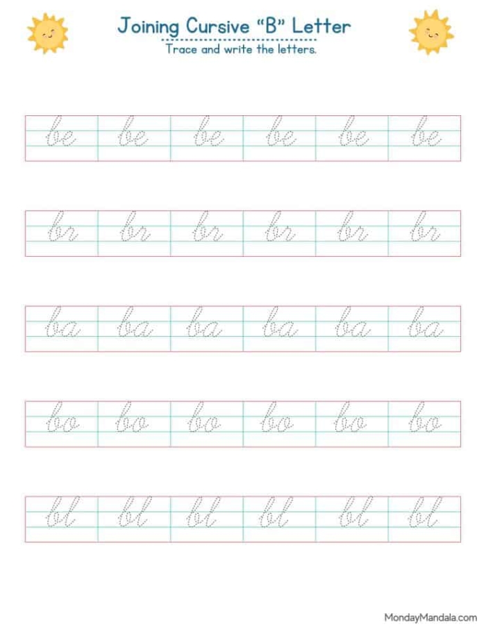 Cursive B handwriting practice sheet 22 for third grade science students Third grade student practicing cursive letter B penmanship on an Earth and space science worksheet