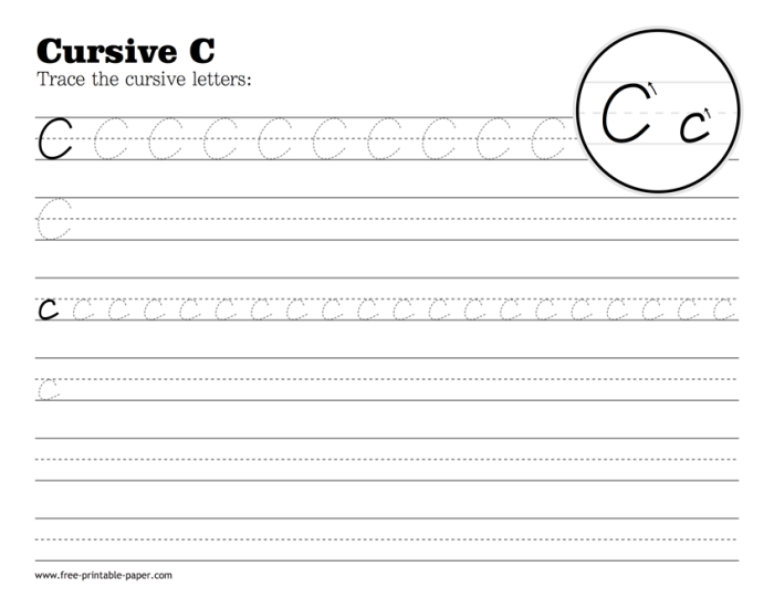 Third grade cursive C practice worksheet with tracing exercises and letter formation guides for improving handwriting skills