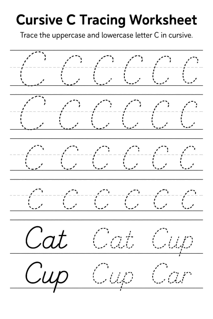 Third grade cursive C practice worksheet for handwriting development
