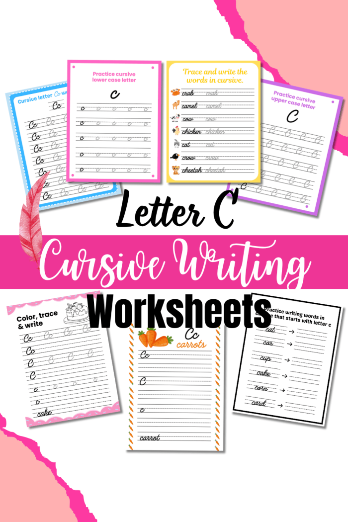 Third grade student practicing cursive C letter formation on a worksheet with fraction exercises