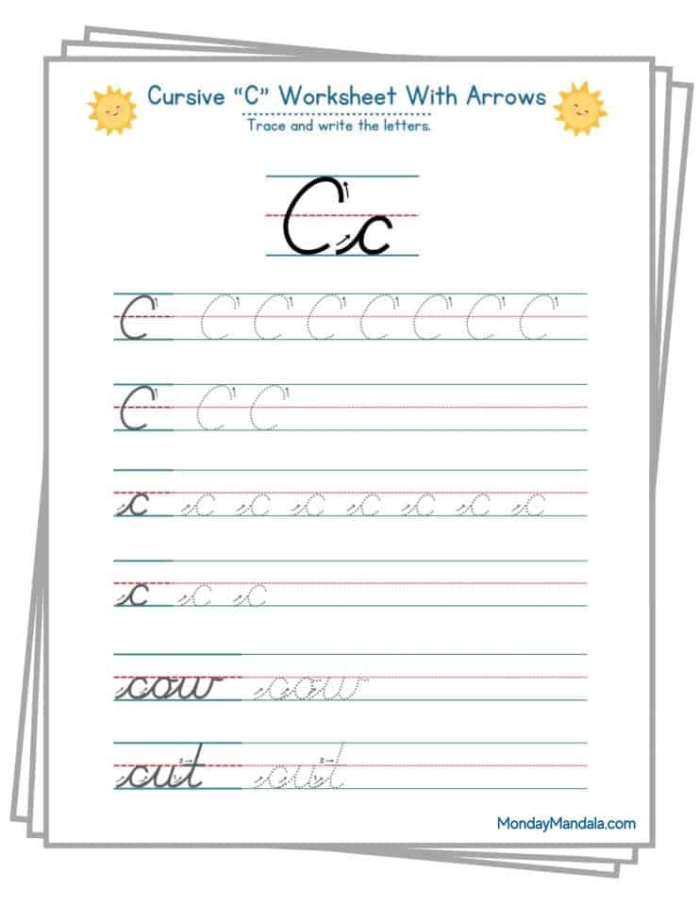 Third grade cursive C practice worksheet with tracing lines and letter formation exercises for developing handwriting skills