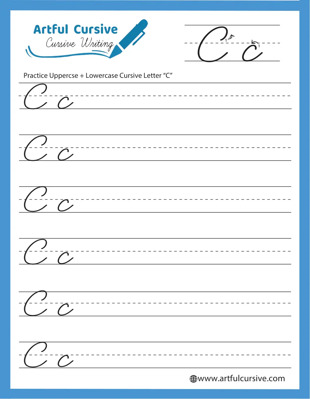 Third grade cursive C practice worksheet with letter tracing exercises and fraction activities