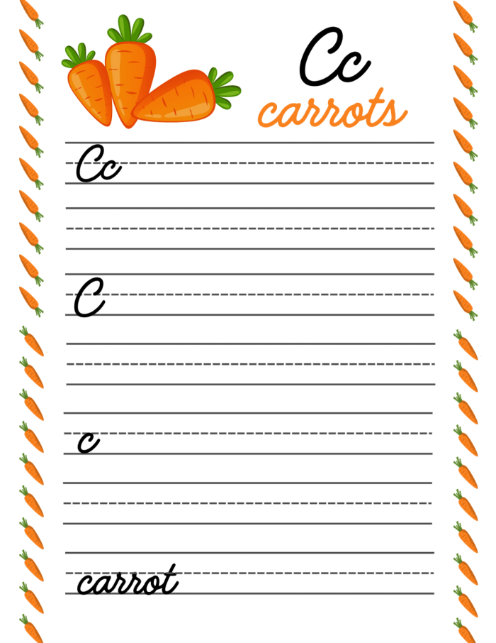 Third grade cursive C practice worksheet featuring guided tracing lines for improving handwriting skills
