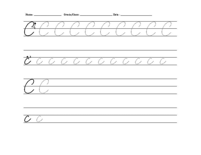 Third grade student completing a cursive C handwriting practice worksheet