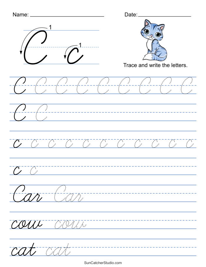 Third grade student practicing the letter C with a cursive handwriting worksheet