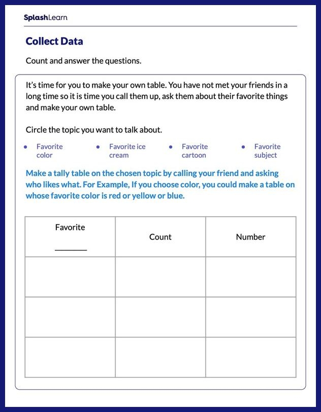 Engaging activities to practice data gathering skills and enhance math learning Fun worksheet for third graders on collecting data at home or in class