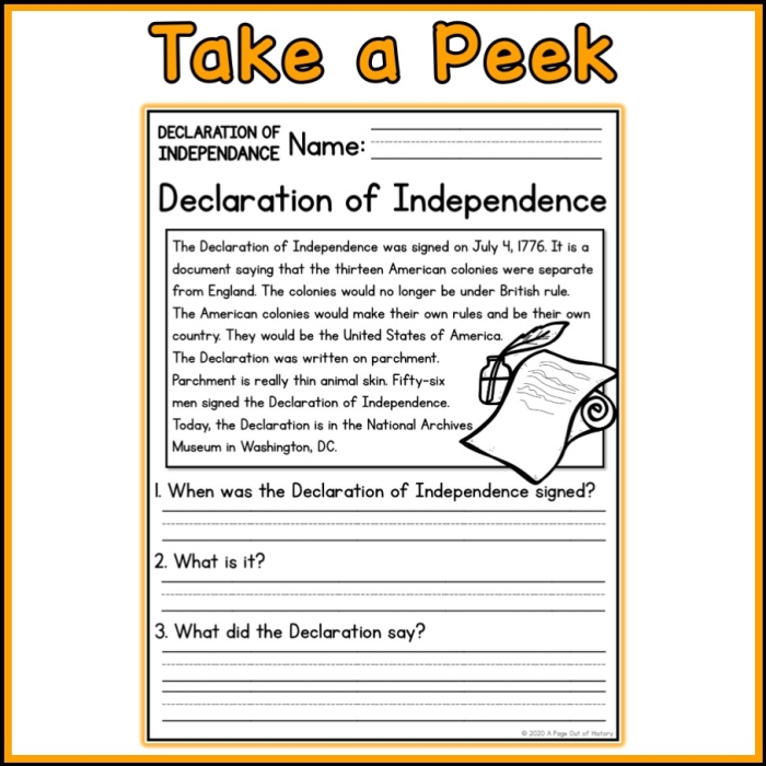 Worksheet for third graders focused on The Declaration of Independence with fill-in-the-blank activities. Educational resource for enhancing understanding of a key historical document.