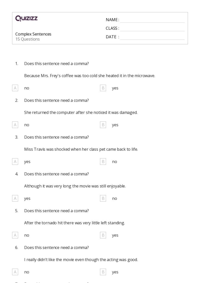 Third grade students completing a complex sentences worksheet with exercises on combining independent and dependent clauses for grammar practice