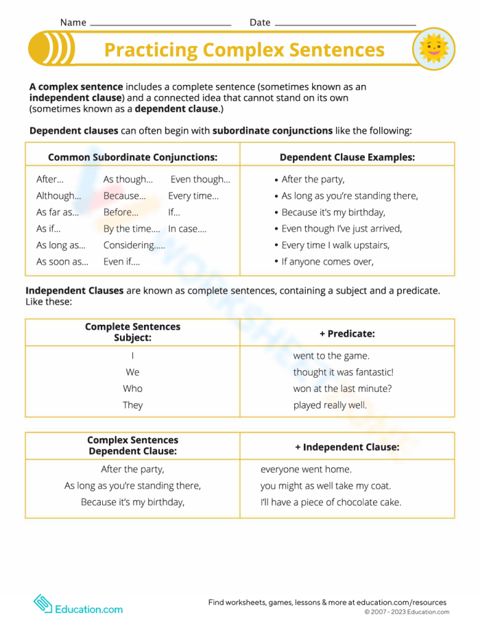 Third grade students learning to combine independent and dependent clauses on a complex sentences worksheet
