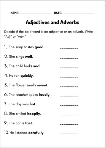 Third grade student practicing descriptive writing on an Adding Adjectives worksheet
