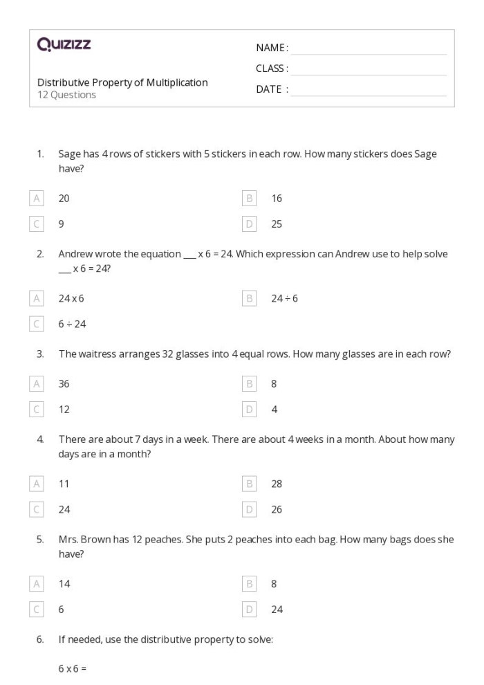 Distributive Property of Multiplication Practice Sheet for Elementary Students Third grade math worksheet showing multiplication problems using the distributive property with visual arrays and number models for image 24