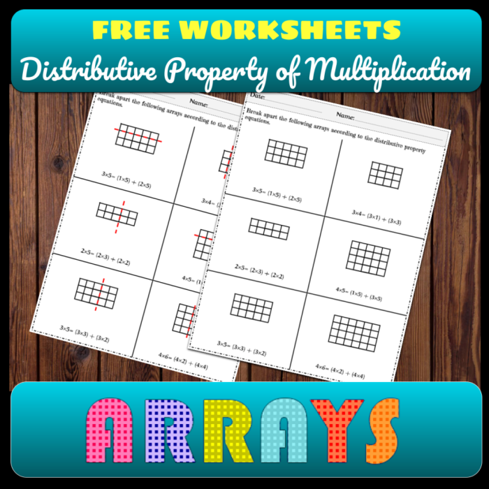Worksheet on the distributive property to enhance multiplication skills for third graders Third grade multiplication worksheet focusing on the distributive property with example problems
