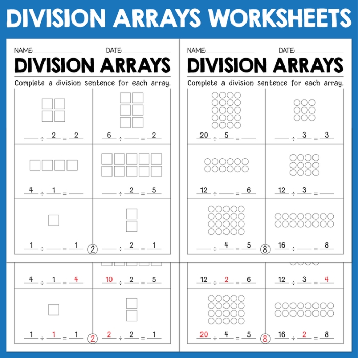 Division arrays worksheet activity showing practice problems where students draw arrays and find quotients for third grade math