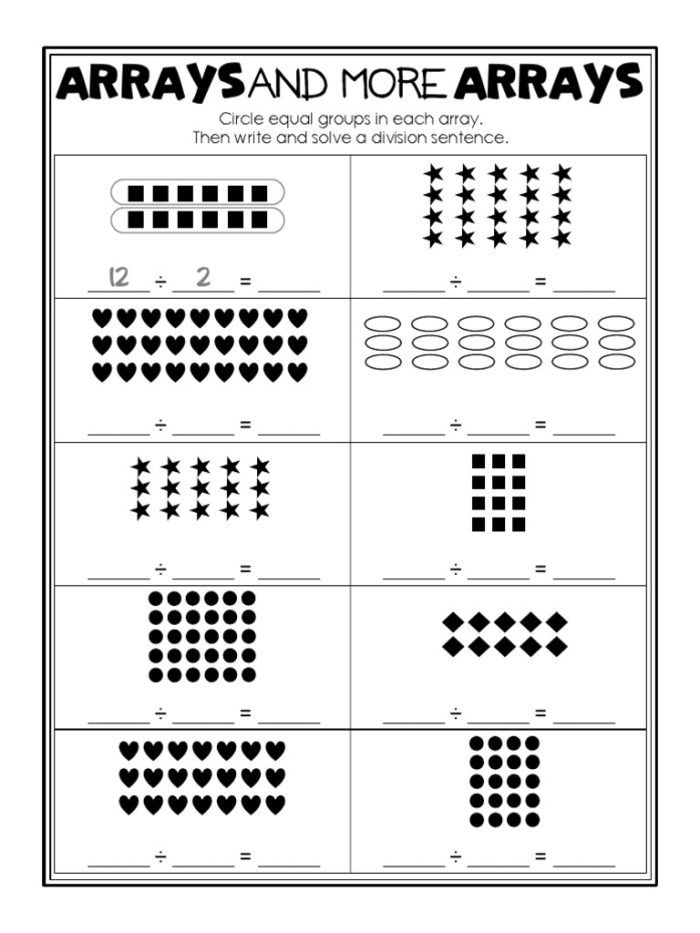 Third grade worksheet showing how to draw arrays to solve division problems
