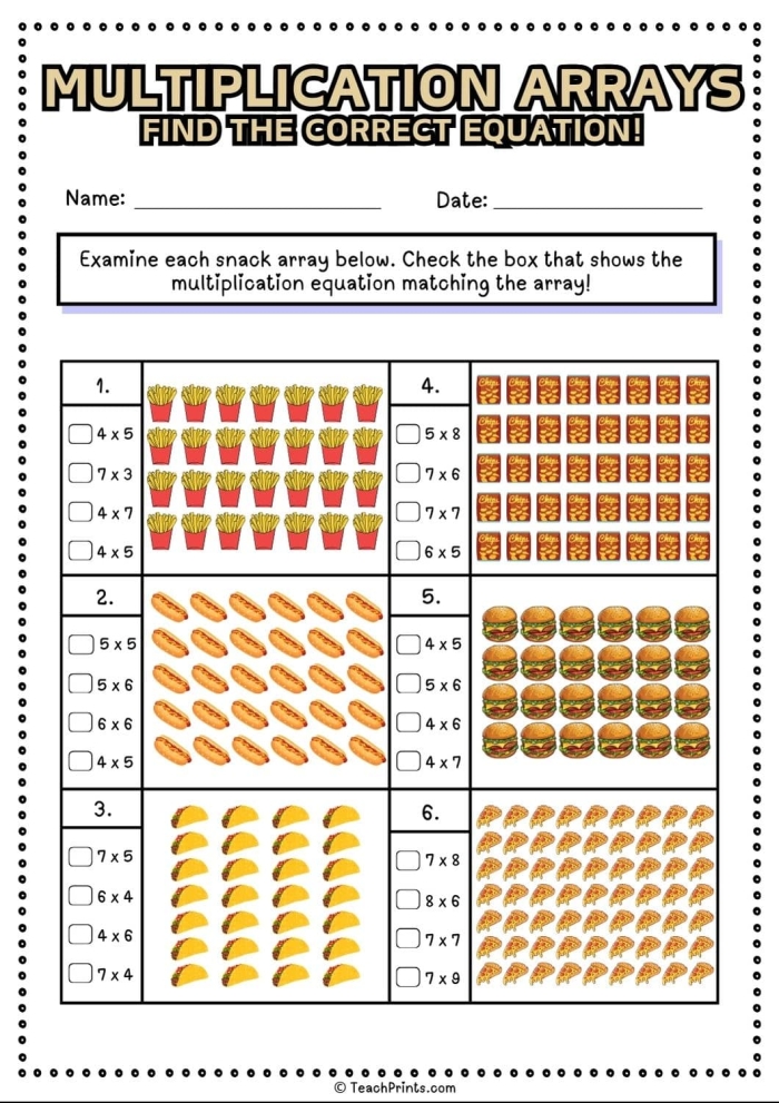 Third grade math worksheet featuring array drawings to help students solve division equations