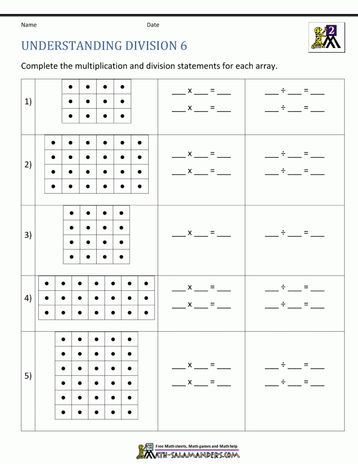 Third grade student completing a math worksheet by drawing arrays to solve division problems