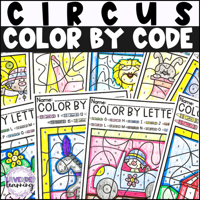 Circus Color By Number worksheet for third graders focusing on division facts and creativity