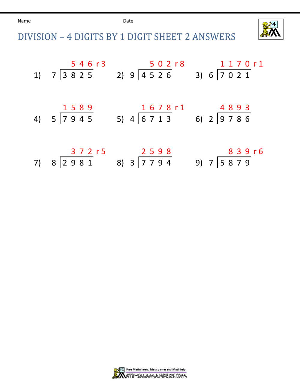 Third grade student completing the Division Dash worksheet with 40 math problems